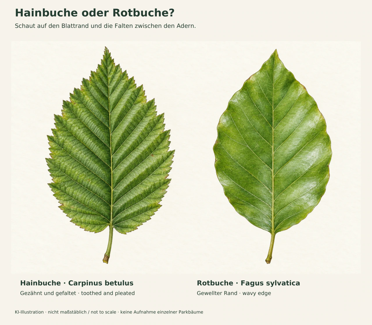 Zwei illustrierte Blätter: links ein spitzes, deutlich gezähntes Hainbuchenblatt mit vielen parallelen Adern; rechts ein ovales Rotbuchenblatt mit glatterer Fläche und gewelltem Rand.