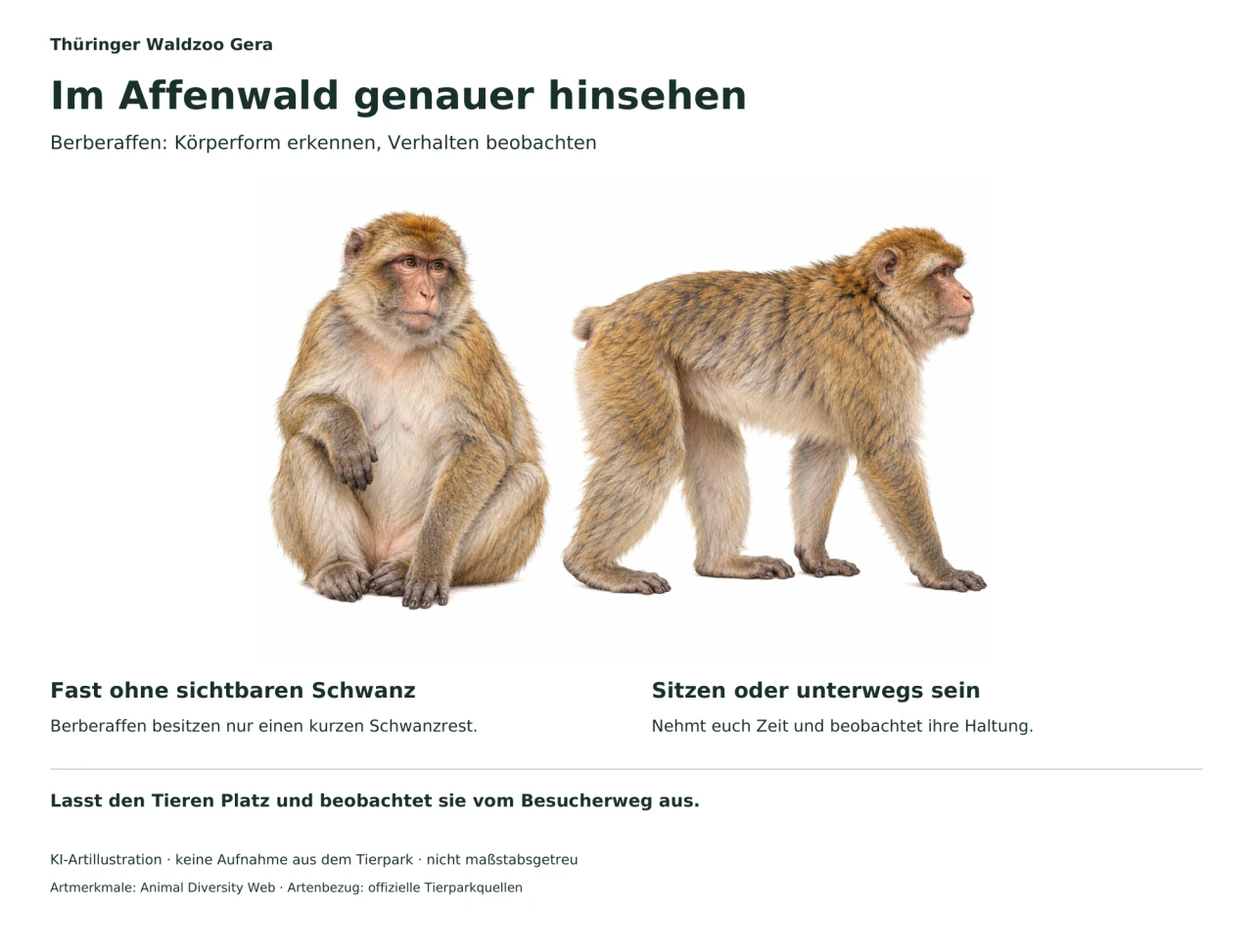 Zwei illustrierte Berberaffen: einer sitzt, einer steht auf vier Gliedmaßen. Ihr Schwanz ist kaum sichtbar.