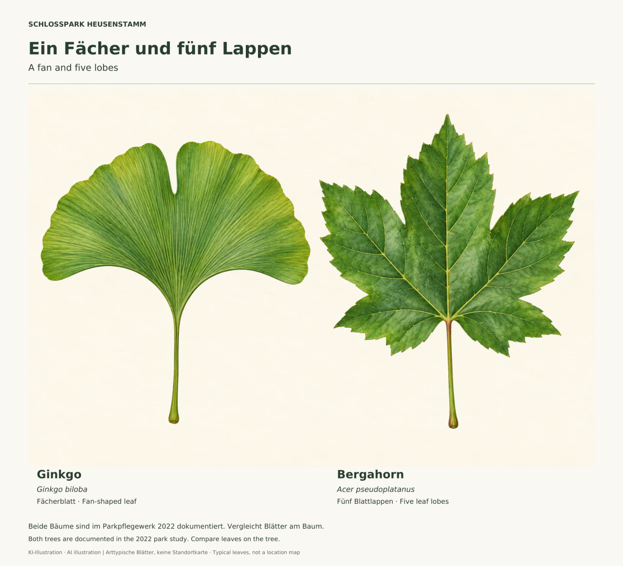 Zwei grüne Blätter auf hellem Grund: links ein fächerförmiges Ginkgoblatt mit leichtem Einschnitt und strahlenförmig gegabelten Adern, rechts ein Bergahornblatt mit fünf gezähnten Lappen und vom Blattgrund ausgehenden Hauptadern.