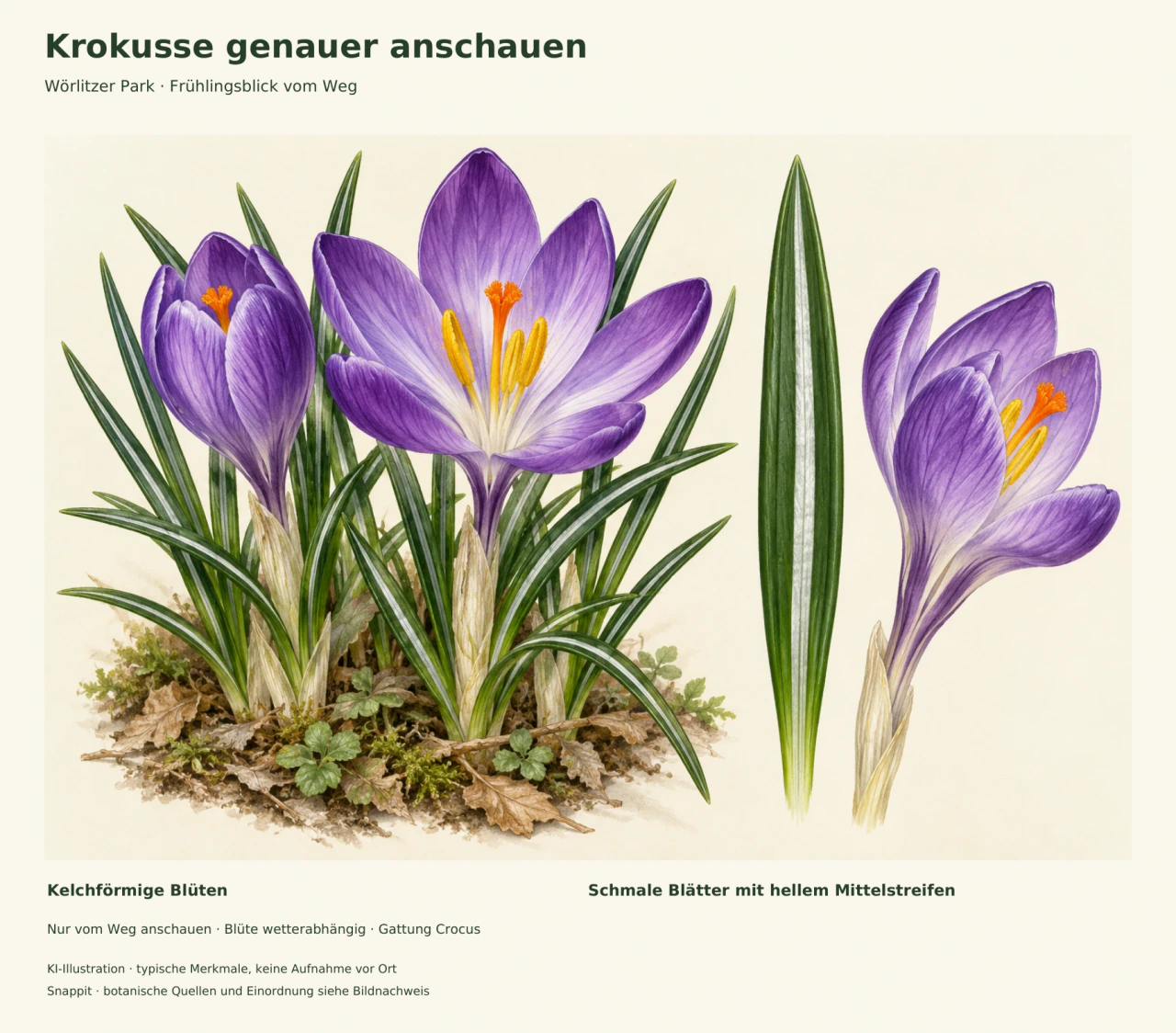 Botanische KI-Illustration violetter Krokusse mit kelchförmigen Blüten und schmalen, hell gestreiften Blättern; daneben vergrößerte Blatt- und Blütenstudien.
