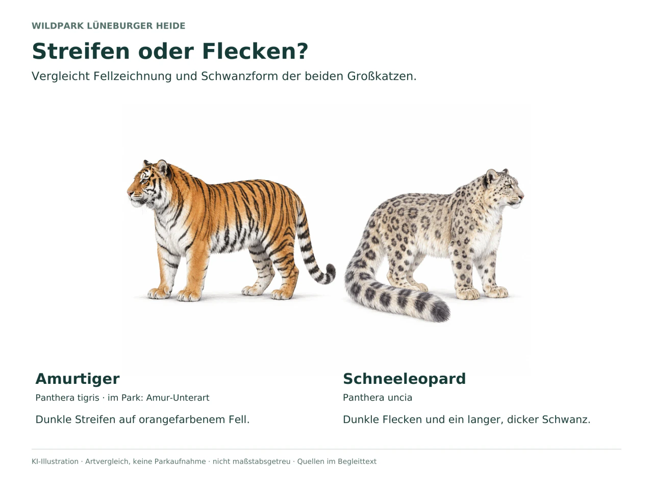 Links ein orange-schwarz gestreifter Amurtiger, rechts ein hellgrauer Schneeleopard mit dunklen Flecken und langem buschigem Schwanz; KI-Illustration.