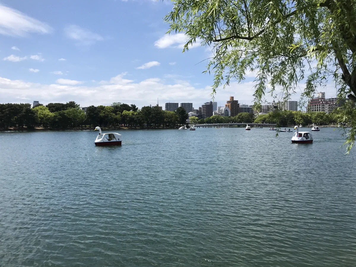Blue-green water fills the foreground beneath willow branches, with small boats, a tree-lined shore and city buildings beyond.