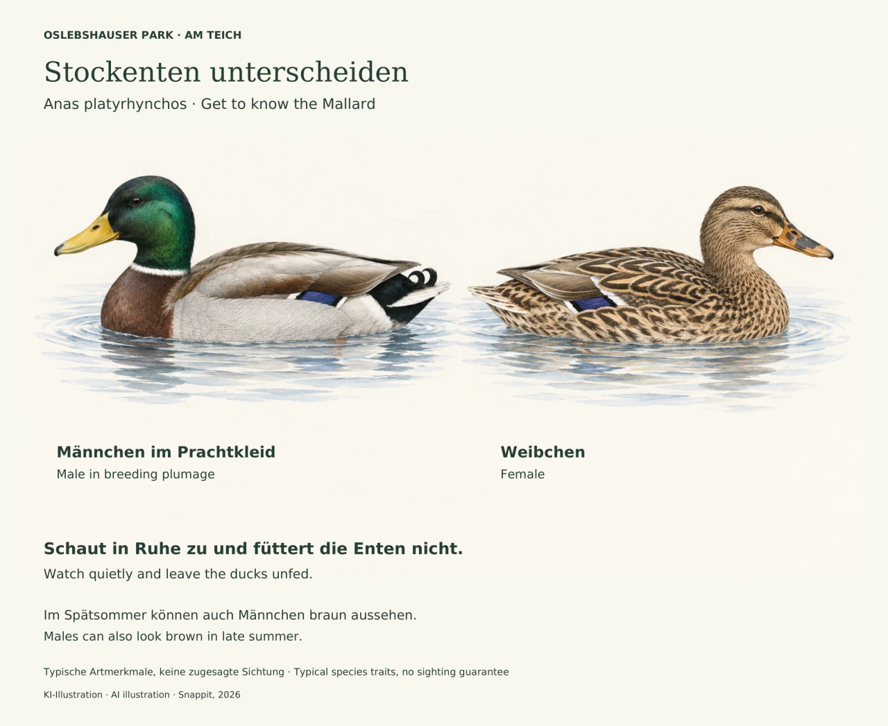 Zwei illustrierte Stockenten schwimmen nebeneinander: links ein Männchen mit grünem Kopf, gelbem Schnabel und grauem Körper, rechts ein braun gemustertes Weibchen. Beide haben einen blauvioletten Flügelfleck.
