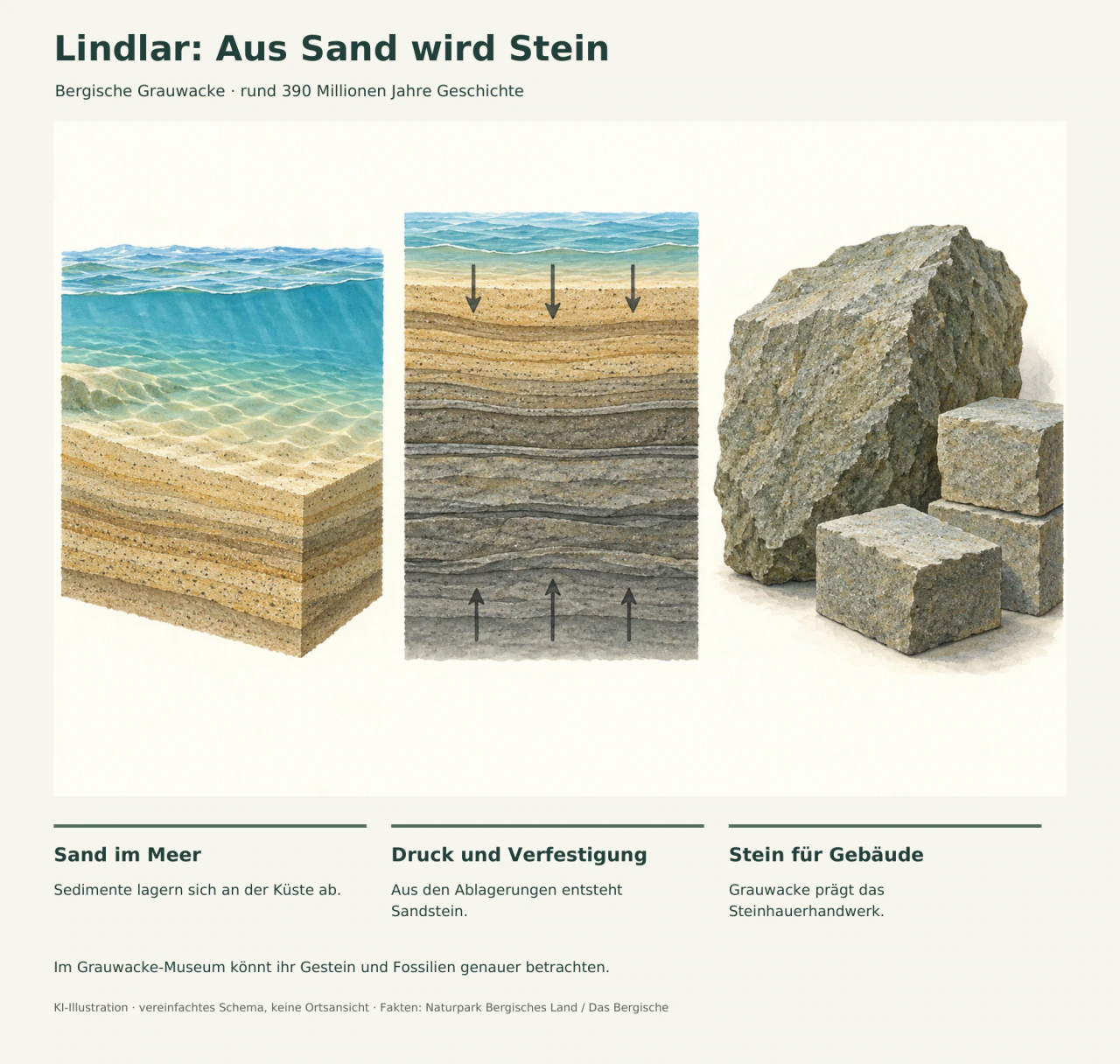 Drei gezeichnete Schritte: Sand lagert sich im flachen Meer ab, Sedimentschichten werden verdichtet, ein grauer Sandsteinblock und bearbeitete Steine zeigen das Ergebnis.